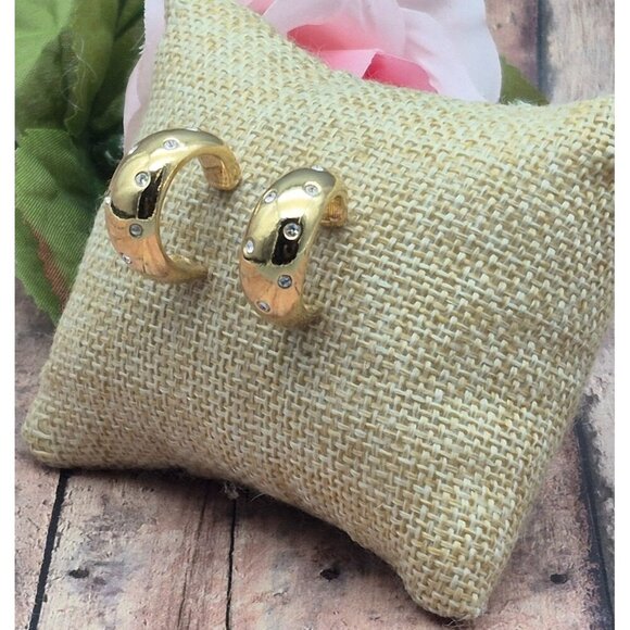 Cute AVON Gold Tone Small Hoop Earrings with Crystal Accents Classic 1" - Picture 4 of 12